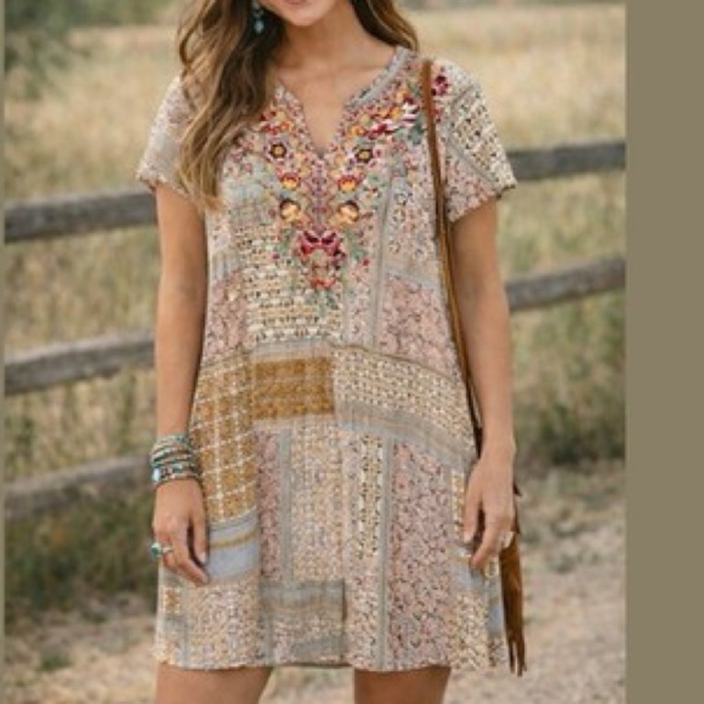 Savanna Jane Embroidered neckline Patchwork Dress